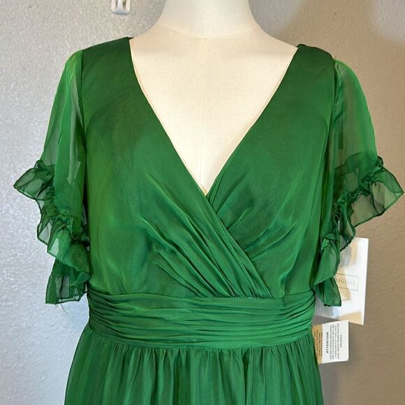 NEW Mac Duggal ruffle trimmed sleeve wrap over flowy emerald gown size 8 - Picture 6 of 14
